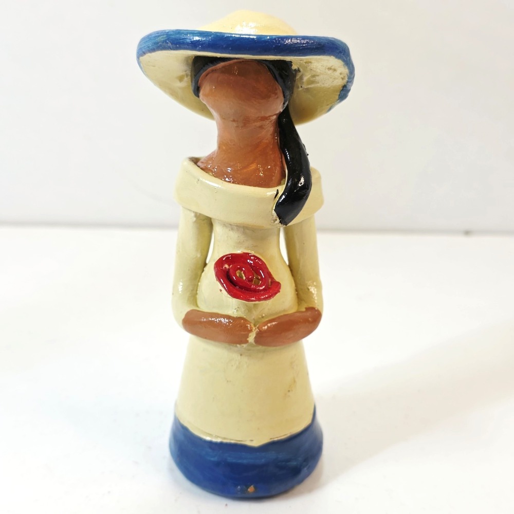Vintage Faceless Clay Doll Figurine Red Flower Dominican Republic Handmade 5"
